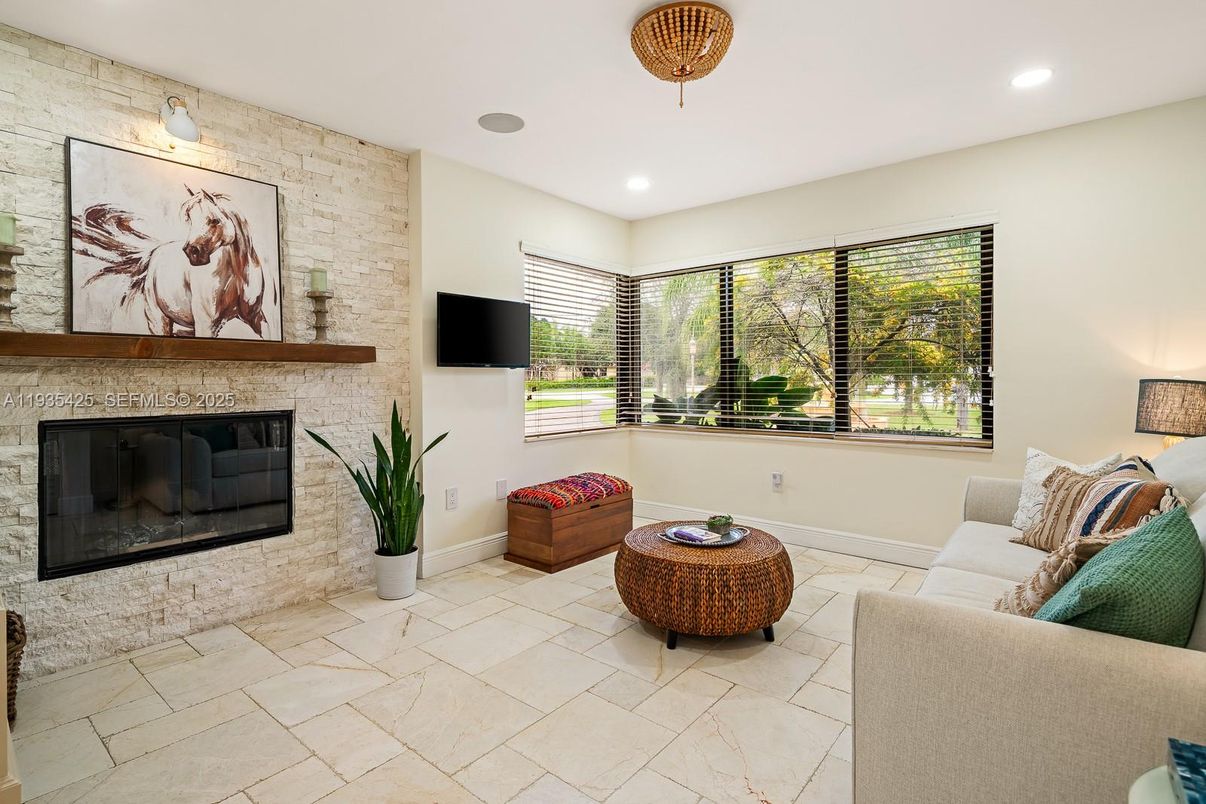 Fireplace, Interior, Living room, Recessed Lighting, Stone Walls