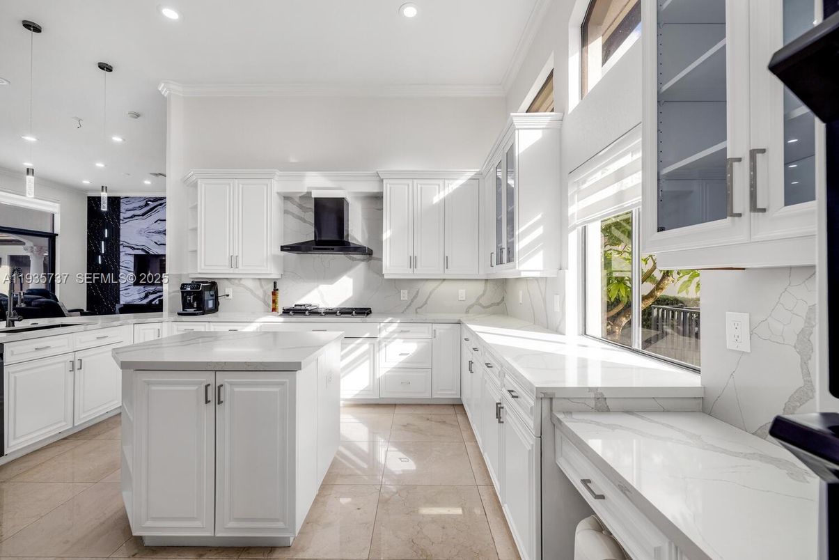 Interior, Kitchen, Marble Walls, Pendant Lights, Recessed Lighting
