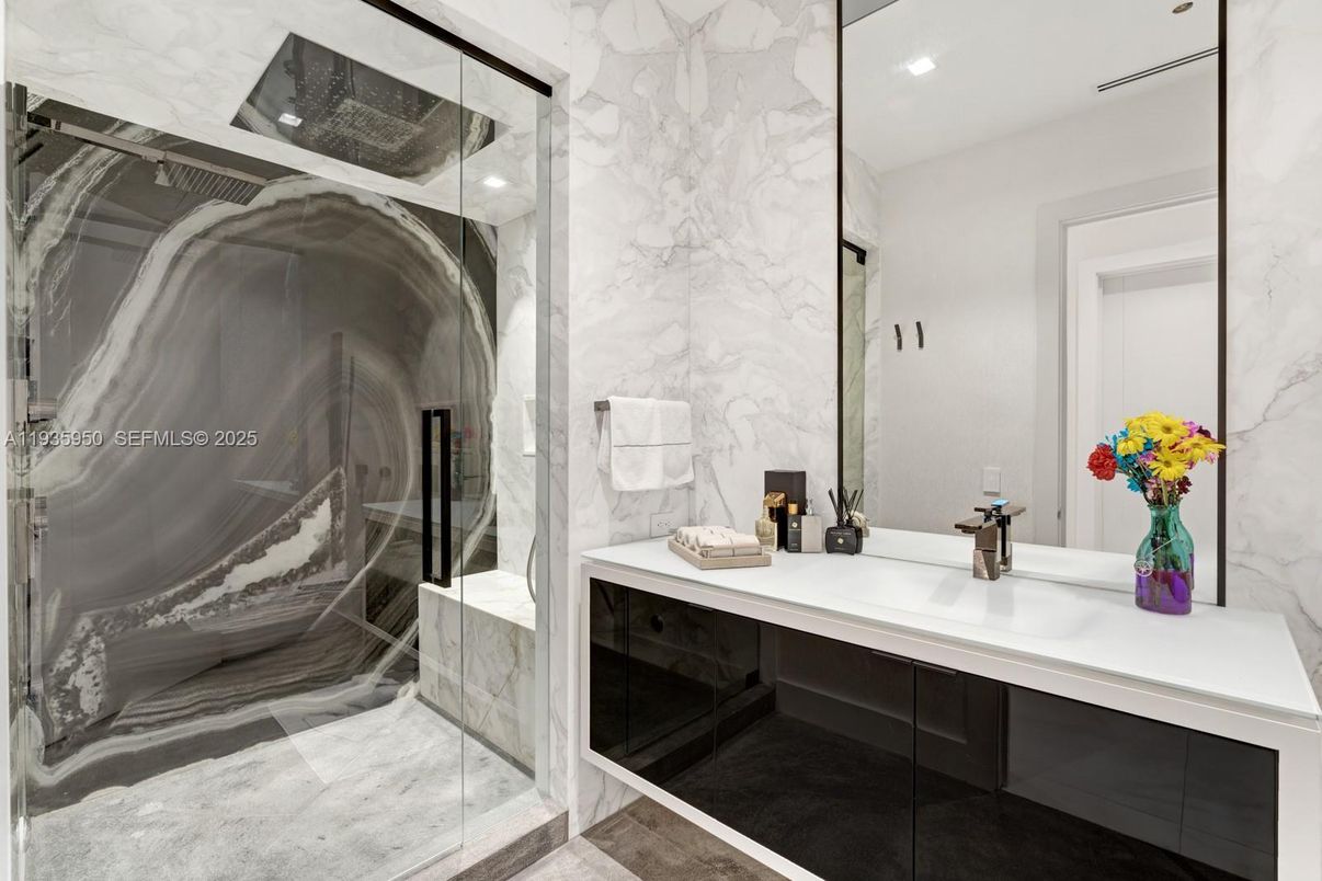 Bathroom, Glass Shower, Interior, Marble Walls, Recessed Lighting