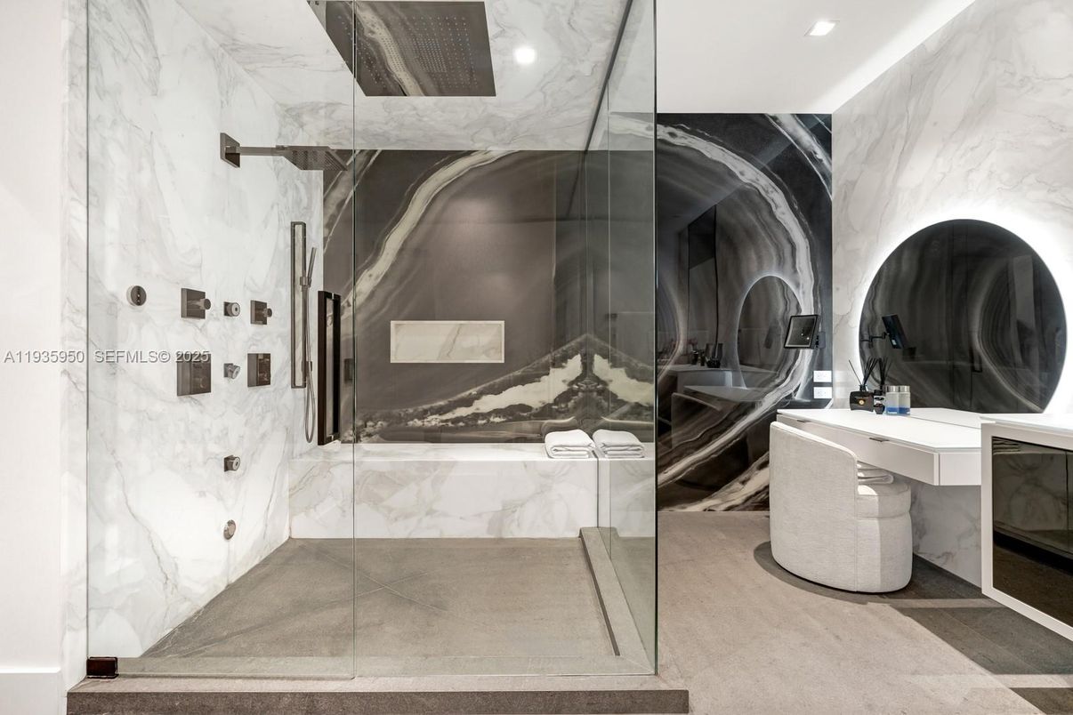 Bathroom, Glass Shower, Interior, Marble Walls, Recessed Lighting