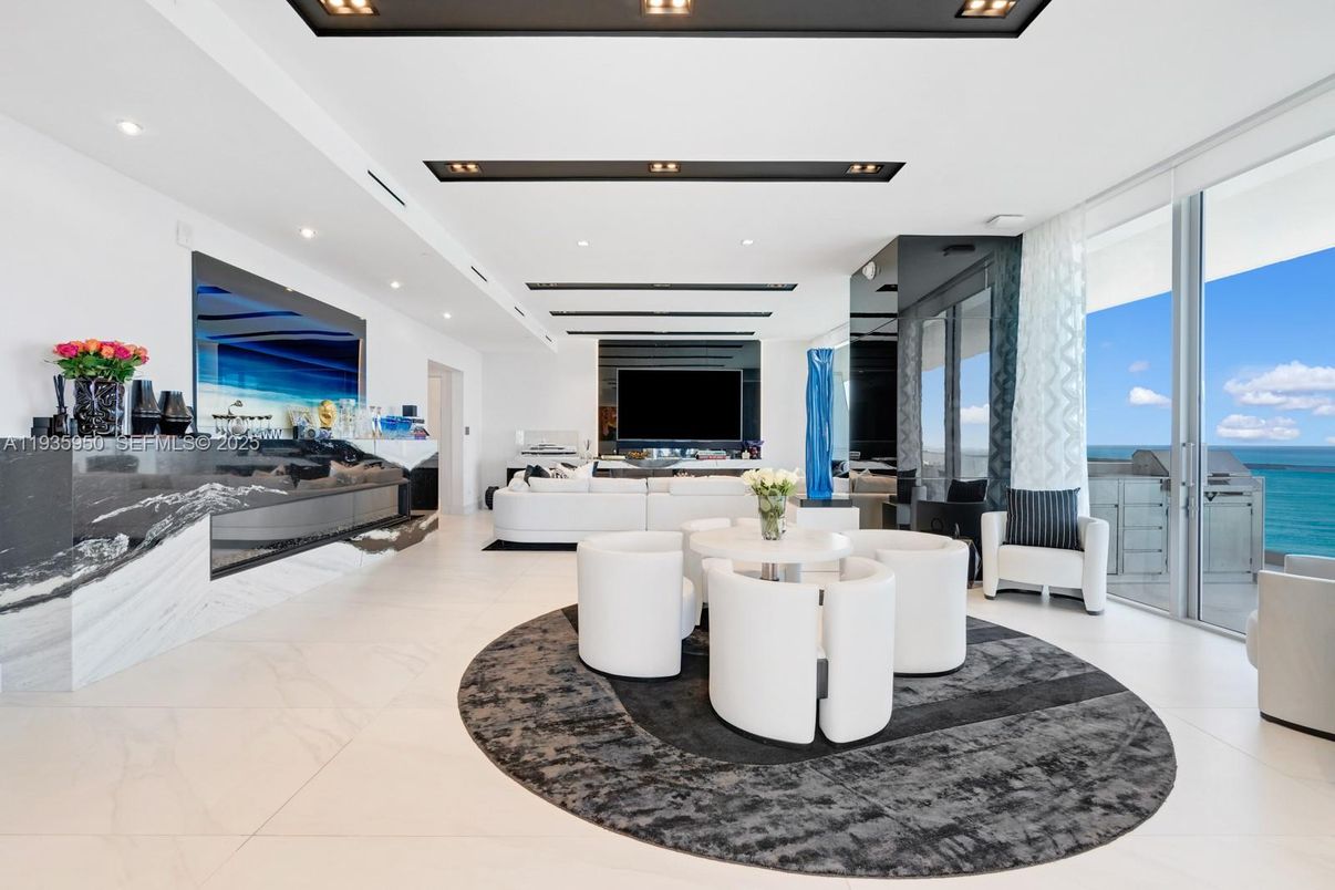 Fireplace, Interior, Living room, Marble, Recessed Lighting, Water