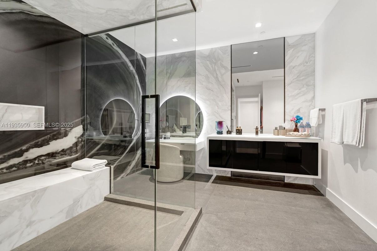 Bathroom, Glass Shower, Interior, Marble Walls, Recessed Lighting