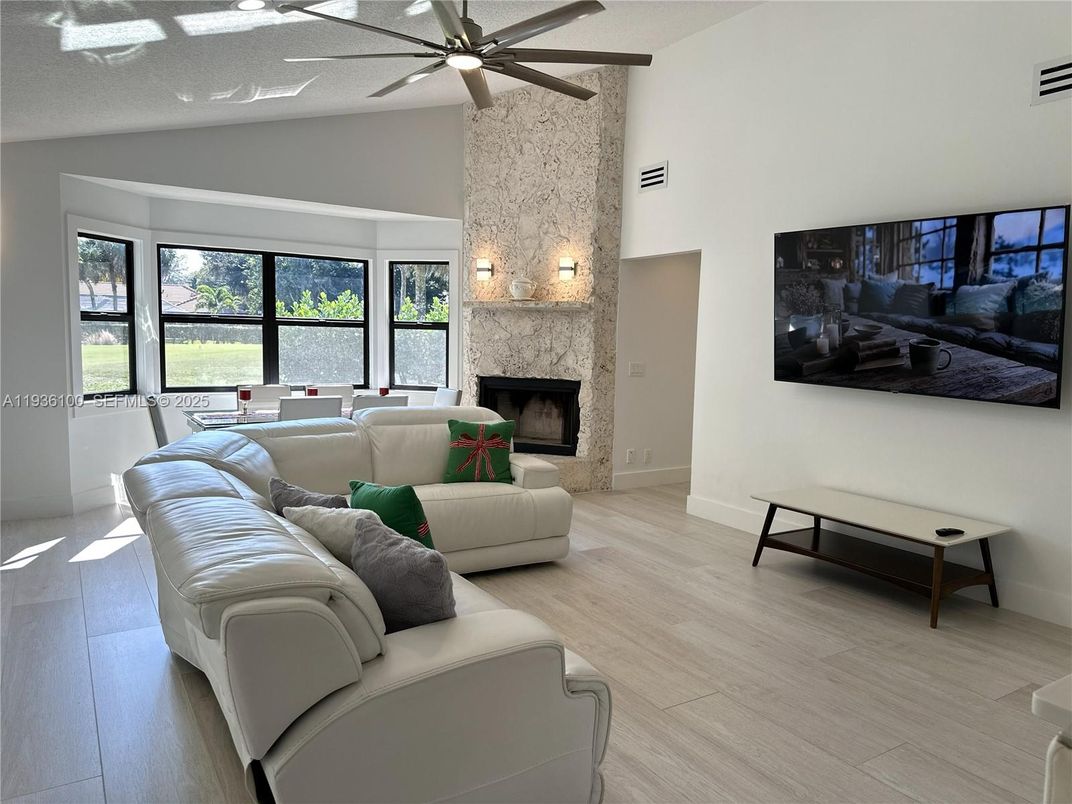 Dining room, Fireplace, Interior, Living room, Wood Texture Flooring