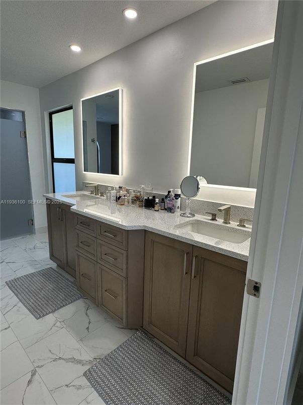 Bathroom, Dual Sink Vanities, Interior, Marble, Recessed Lighting