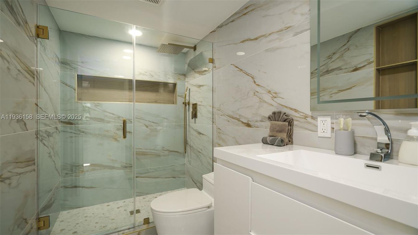 Bathroom, Glass Shower, Interior, Marble Walls, Recessed Lighting