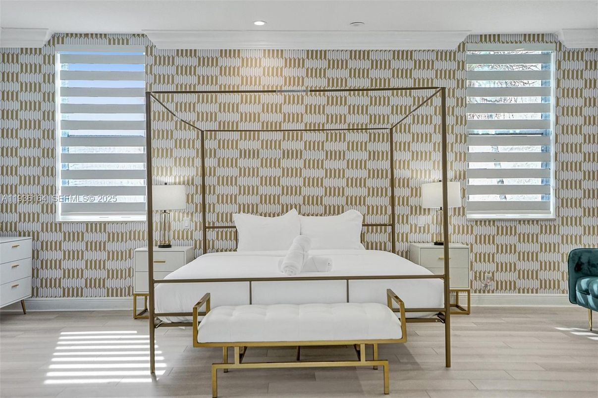 Bedroom, Interior, Recessed Lighting, Wood Texture Flooring