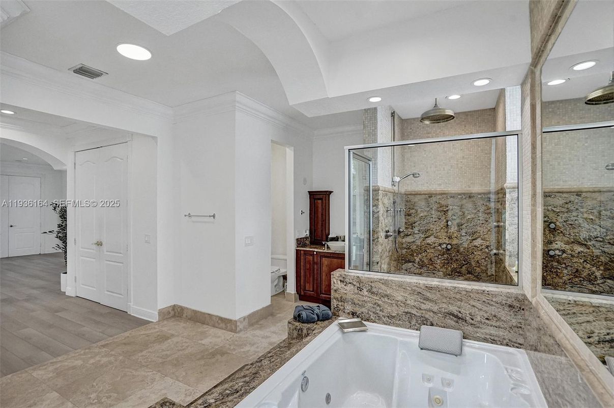 Bathroom, Glass Shower, Interior, Recessed Lighting, Wood Texture Flooring