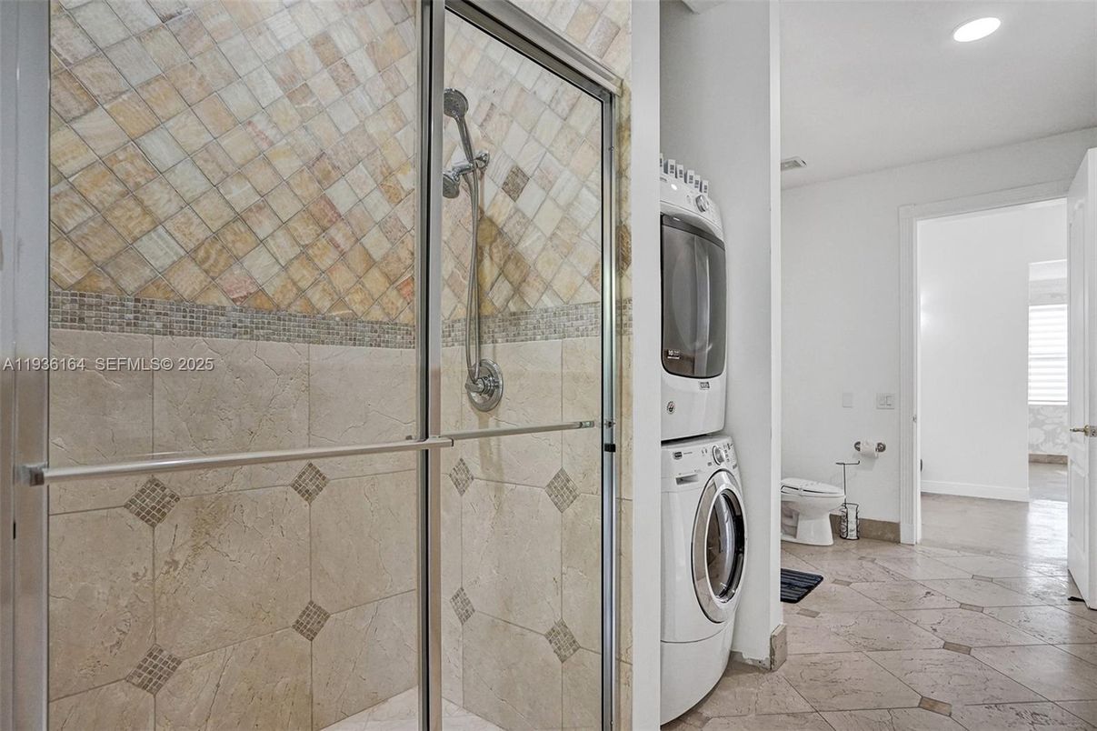 Bathroom, Glass Shower, Interior, Recessed Lighting, Washer