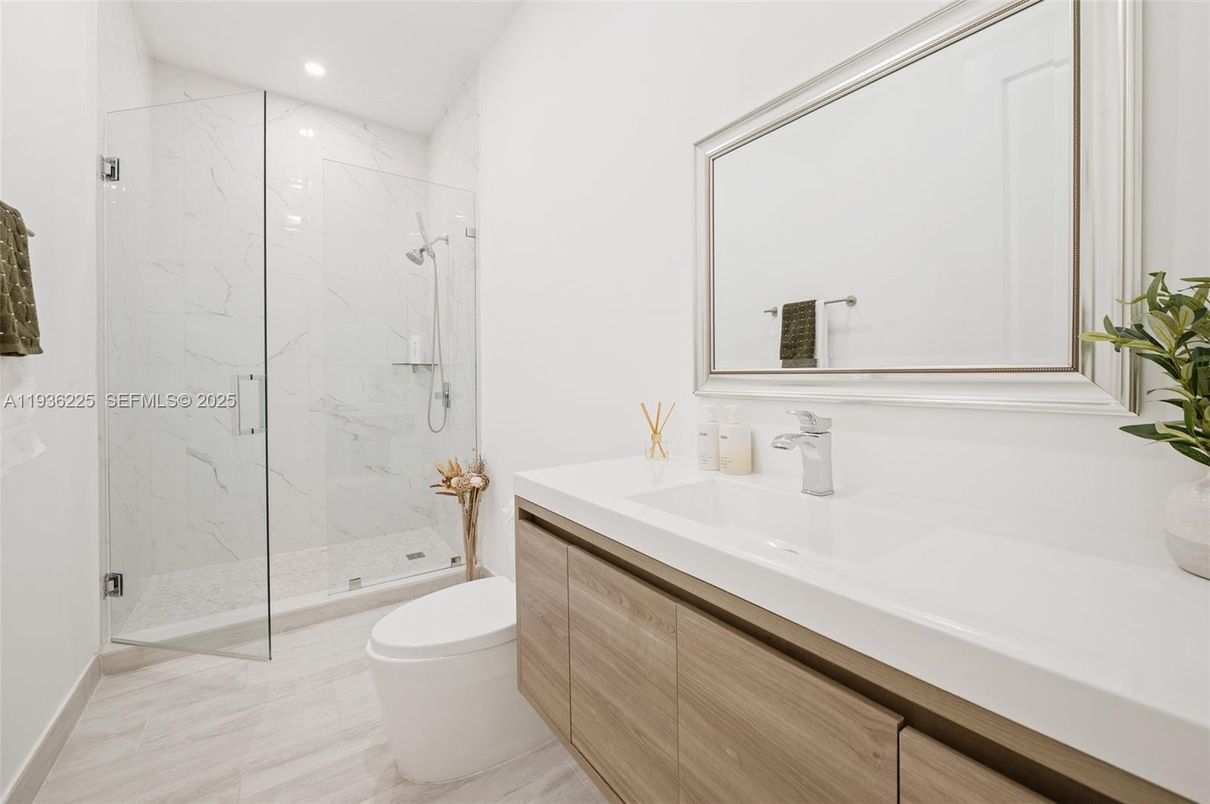 Bathroom, Glass Shower, Interior, Marble Walls, Recessed Lighting