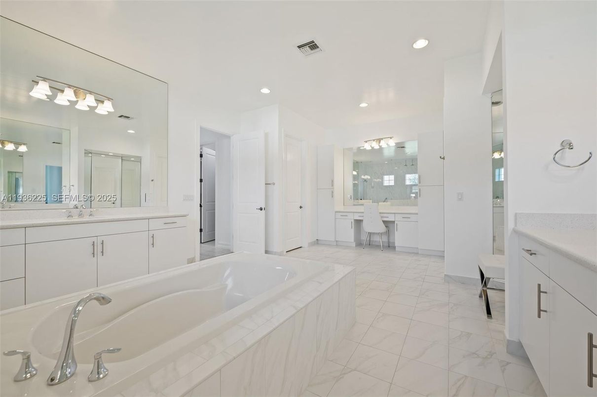 Bathroom, Dual Sink Vanities, Interior, Marble, Recessed Lighting