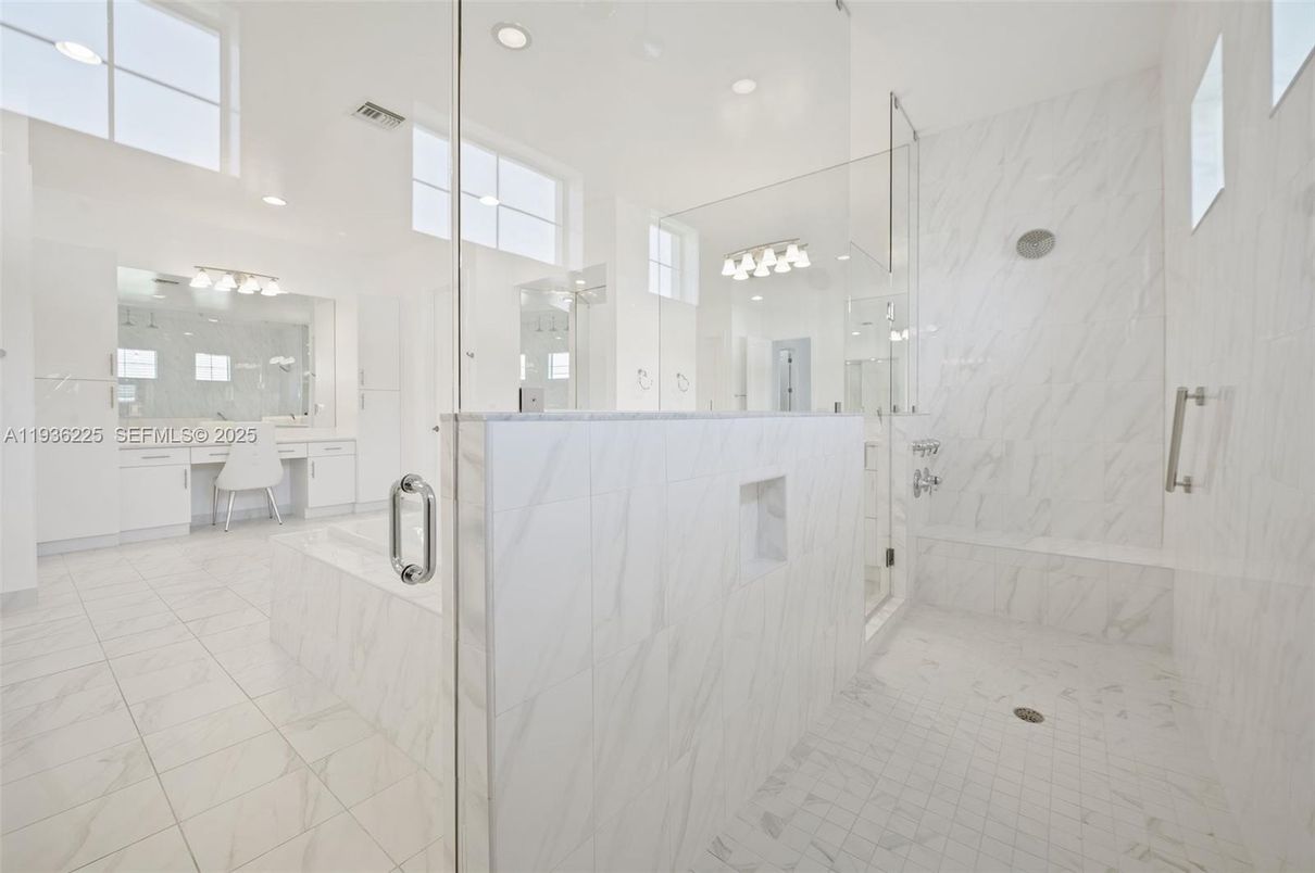 Bathroom, Glass Shower, Interior, Marble, Marble Walls, Recessed Lighting