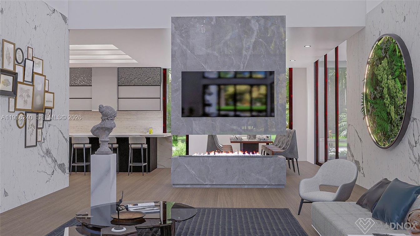 Fireplace, Interior, Living room, Recessed Lighting, Wood Texture Flooring