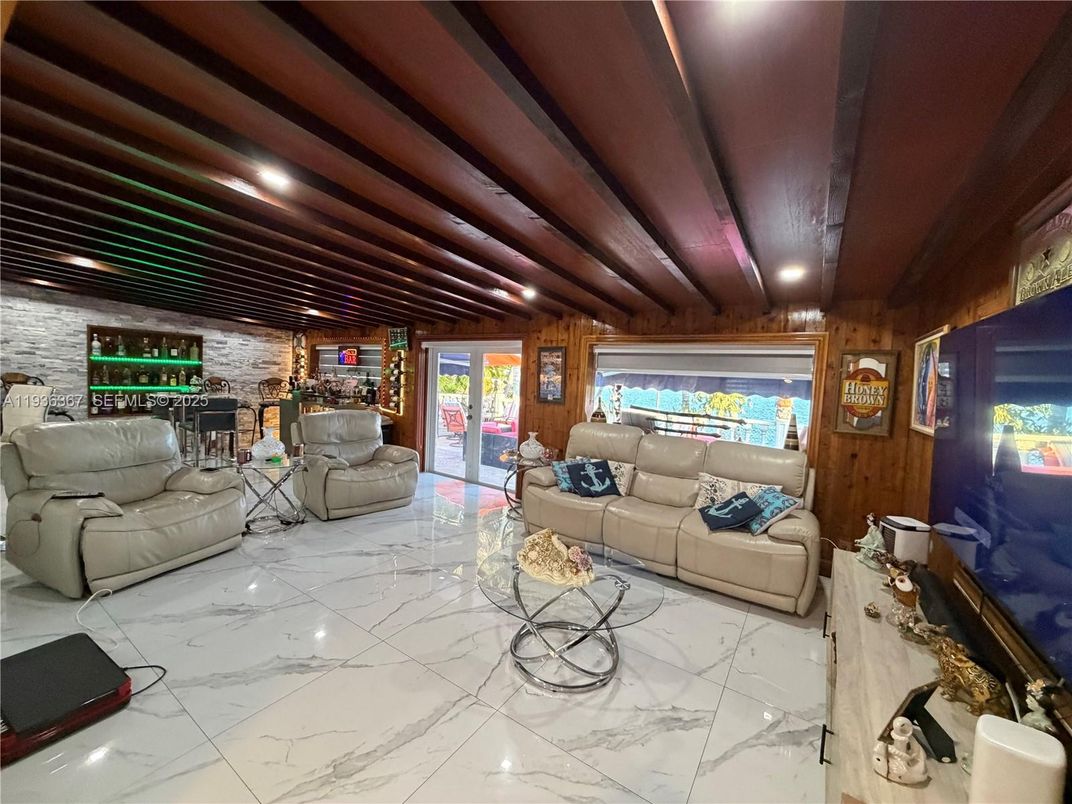 Interior, Living room, Marble, Recessed Lighting, Stone Walls, Wooden Beams, Wooden Ceilings, Wooden Walls