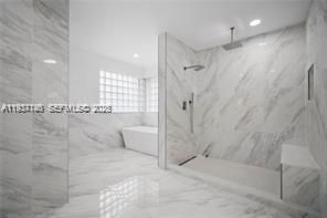 Bathroom, Glass Shower, Interior, Marble, Marble Walls, Recessed Lighting