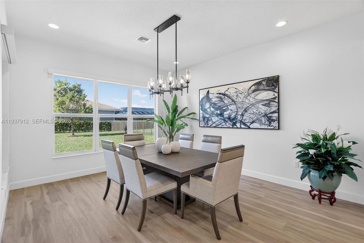 Dining room, Interior, Pendant Lights, Recessed Lighting, Wood Texture Flooring