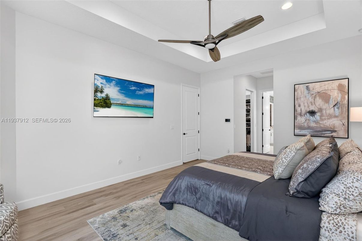 Bedroom, Interior, Recessed Lighting, Wood Texture Flooring