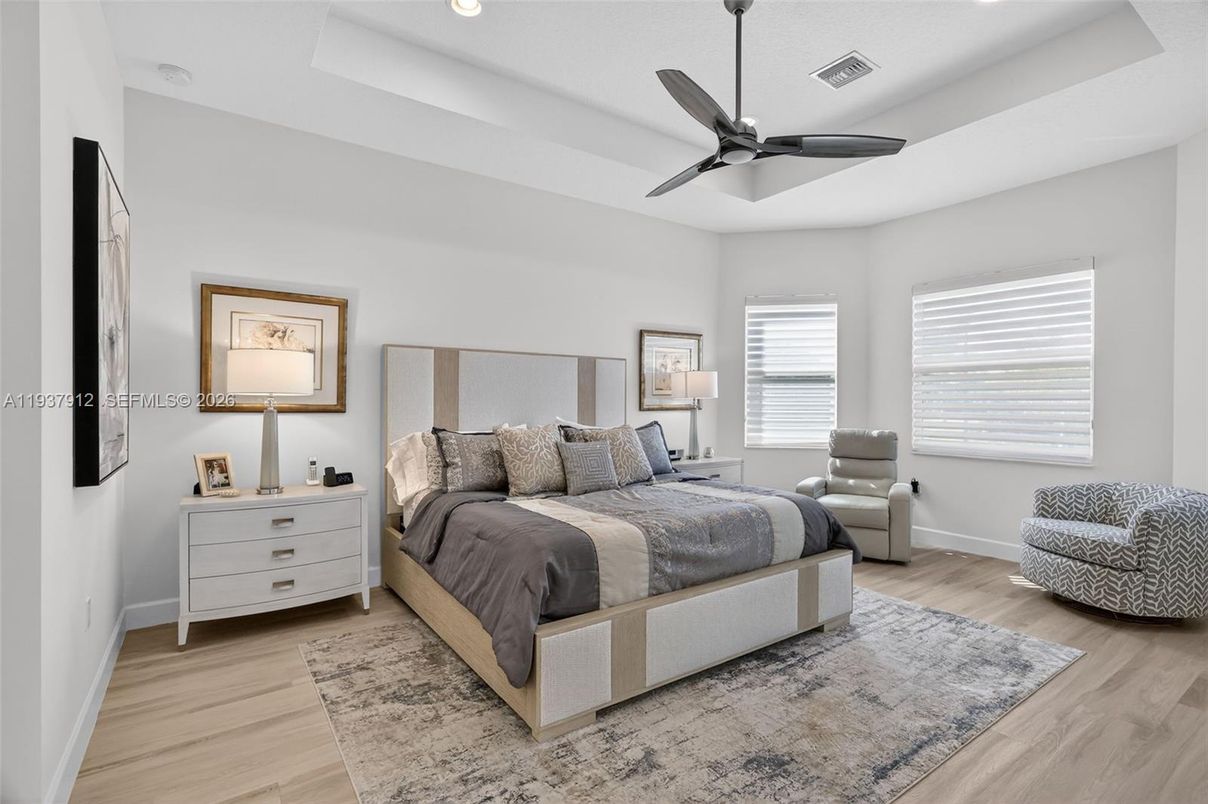 Bedroom, Interior, Recessed Lighting, Wood Texture Flooring