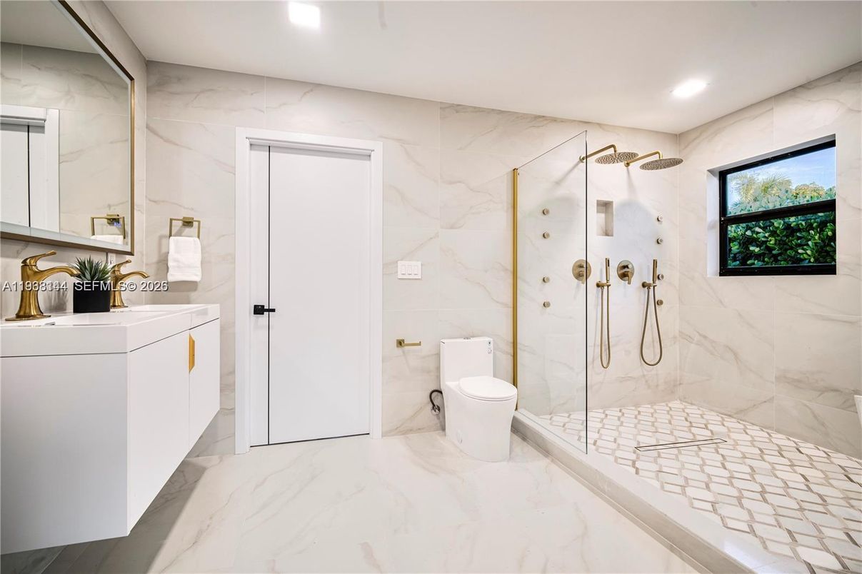 Bathroom, Glass Shower, Interior, Marble, Marble Walls, Recessed Lighting