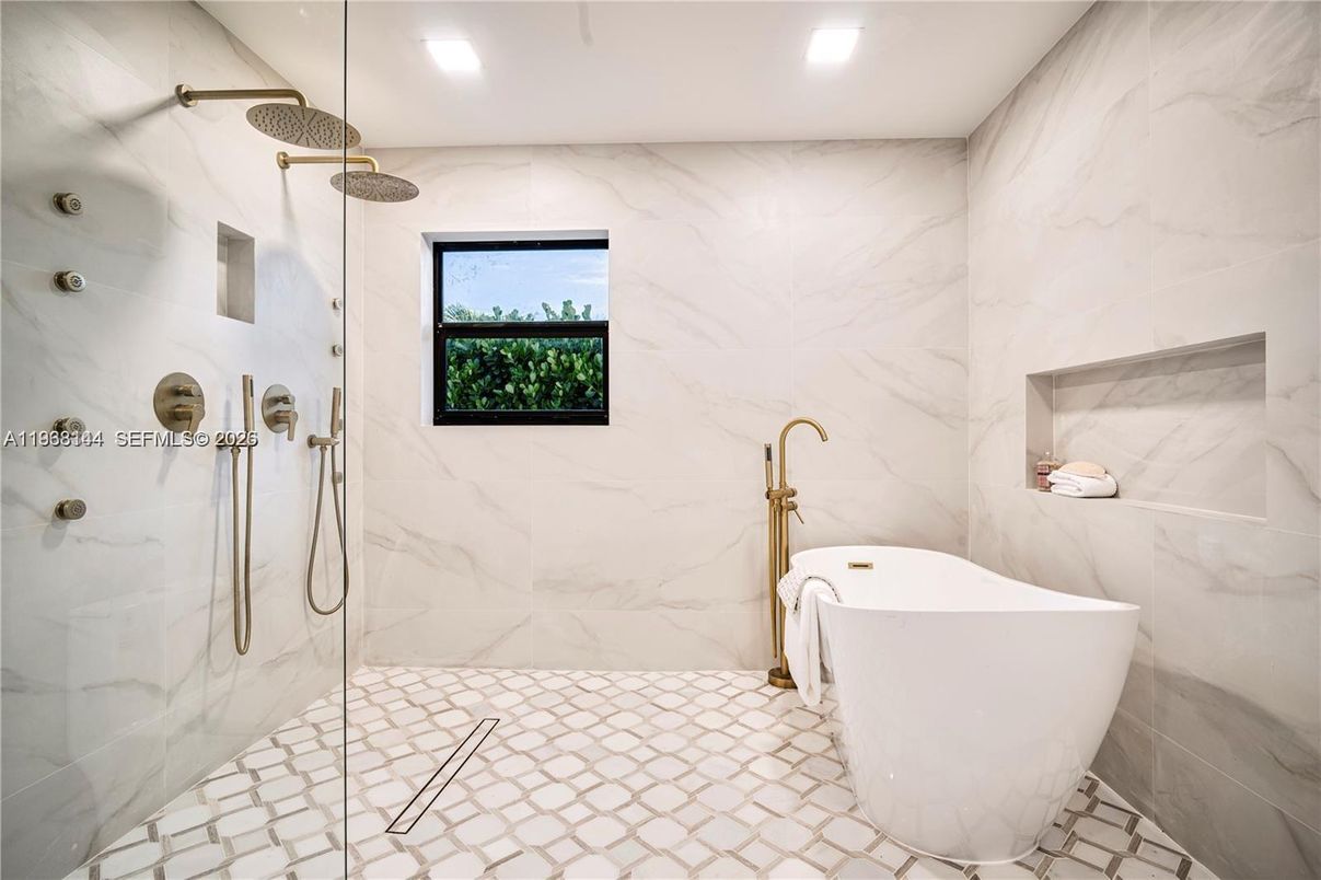 Bathroom, Free Standing Baths, Glass Shower, Interior, Marble Walls, Recessed Lighting