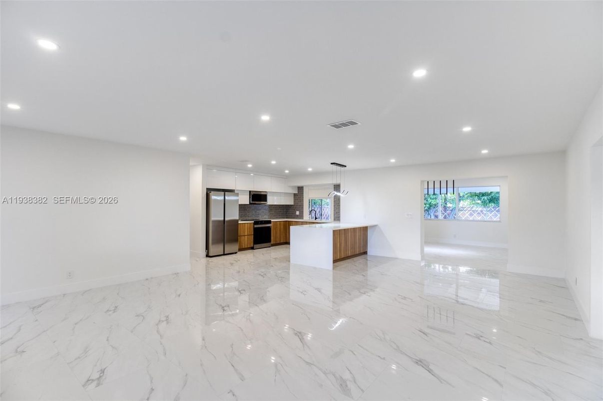 Interior, Kitchen, Marble, Pendant Lights, Recessed Lighting, Stainless Steel Appliances