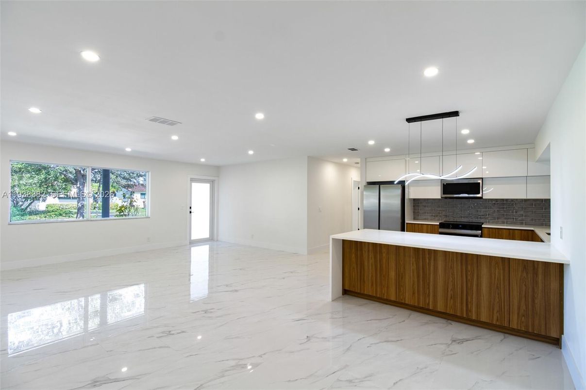 Interior, Kitchen, Marble, Pendant Lights, Recessed Lighting, Stainless Steel Appliances