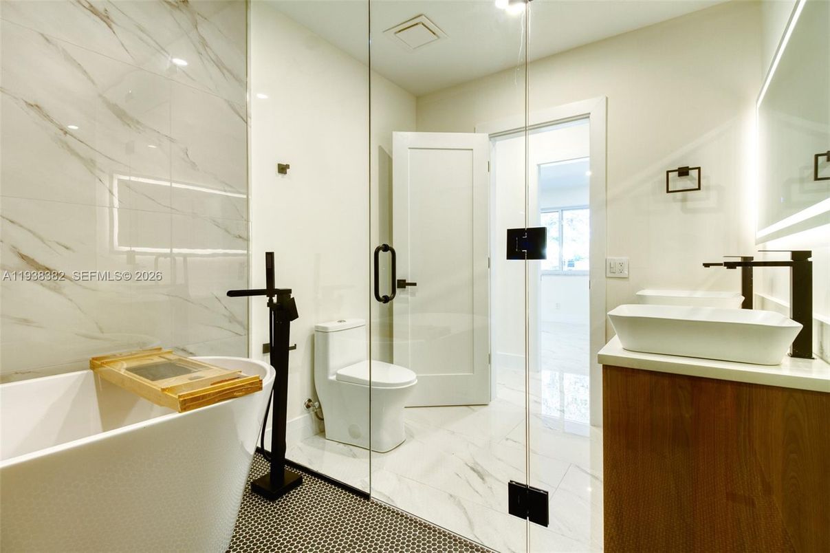 Bathroom, Glass Shower, Interior, Marble, Marble Walls, Recessed Lighting