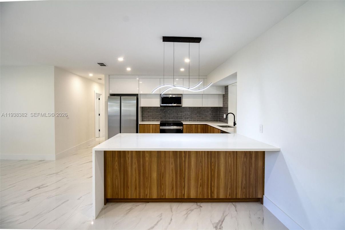 Interior, Kitchen, Marble, Pendant Lights, Recessed Lighting, Stainless Steel Appliances