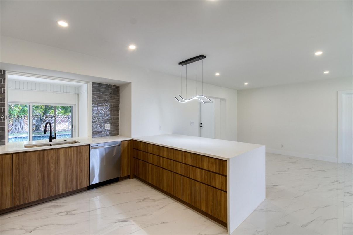 Interior, Kitchen, Marble, Pendant Lights, Recessed Lighting, Stainless Steel Appliances