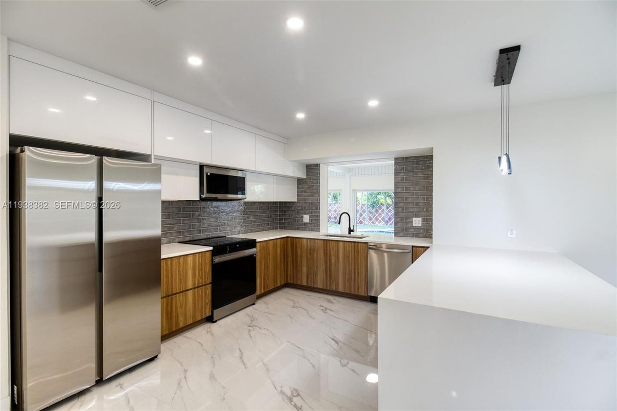 Interior, Kitchen, Marble, Pendant Lights, Recessed Lighting, Stainless Steel Appliances