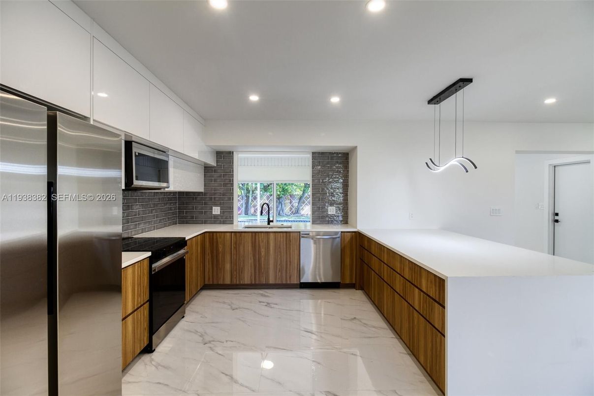 Interior, Kitchen, Marble, Pendant Lights, Recessed Lighting, Stainless Steel Appliances
