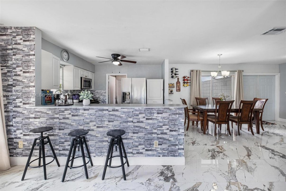 Dining room, Interior, Kitchen, Marble, Pendant Lights, Stone Walls