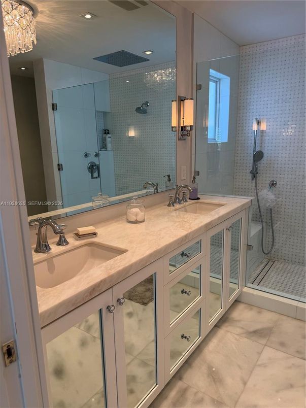Bathroom, Dual Sink Vanities, Glass Shower, Interior, Marble, Recessed Lighting