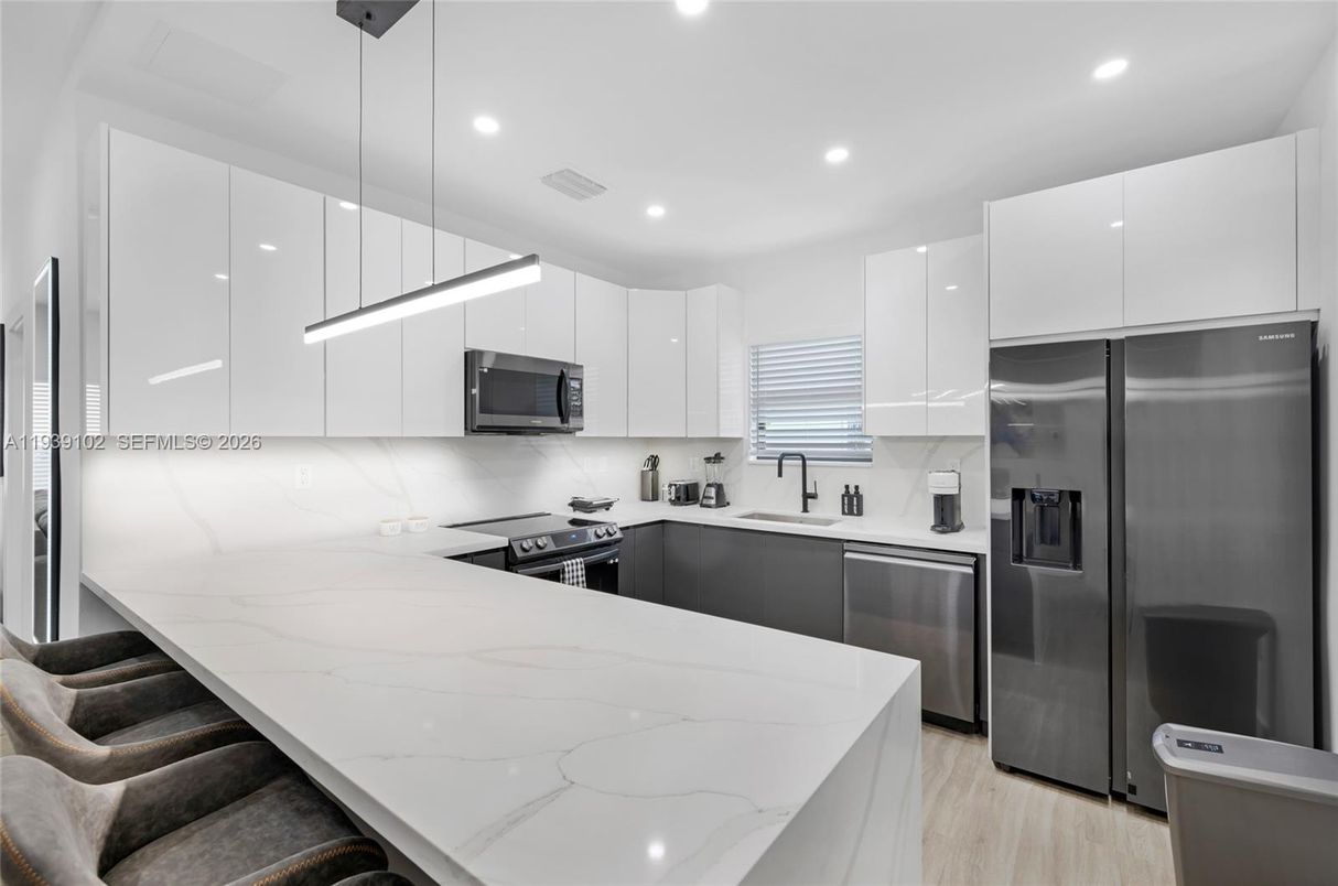 Interior, Kitchen, Pendant Lights, Recessed Lighting, Stainless Steel Appliances, Wood Texture Flooring