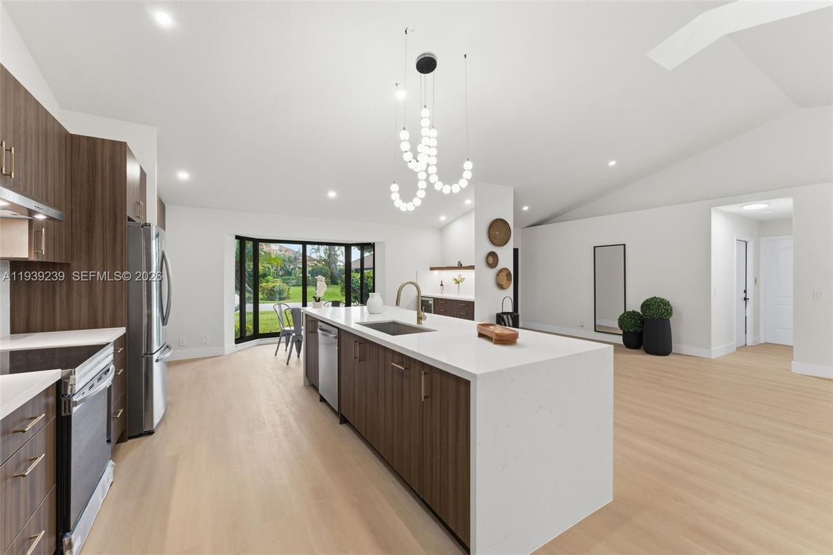 Interior, Kitchen, Pendant Lights, Recessed Lighting, Stainless Steel Appliances, Wood Texture Flooring