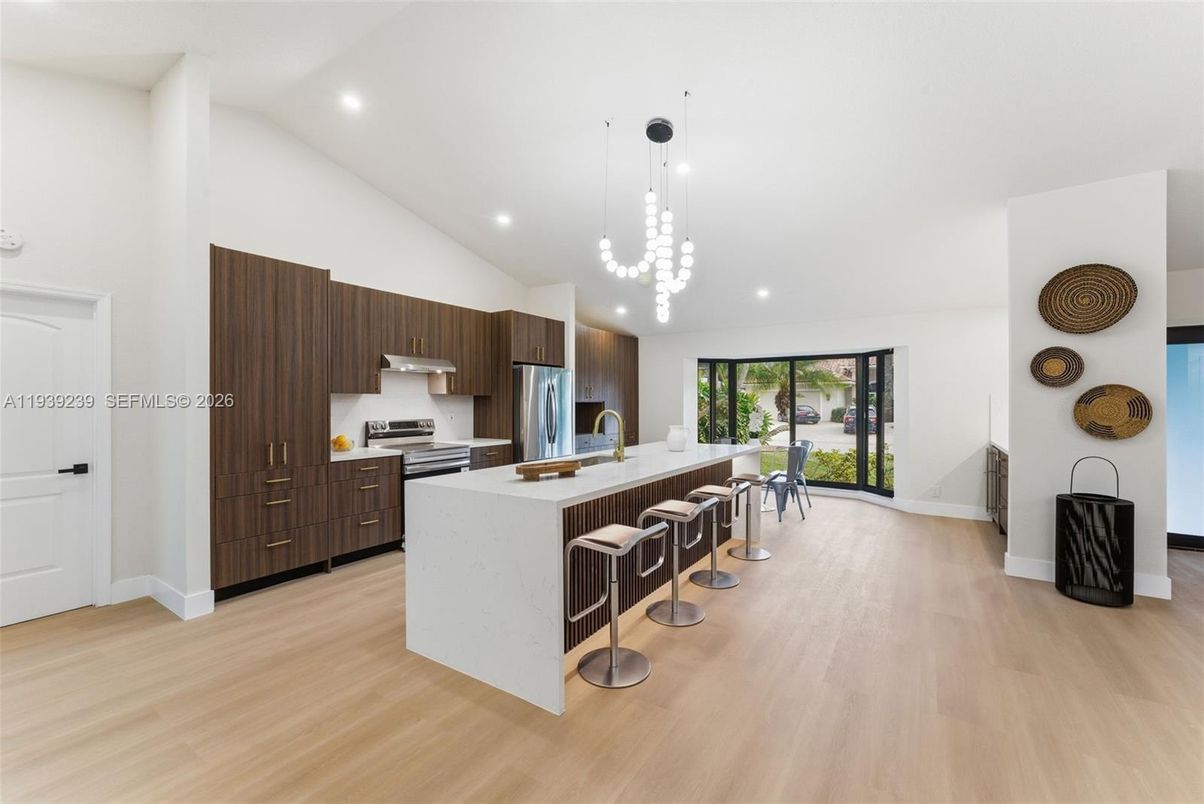 Interior, Kitchen, Pendant Lights, Recessed Lighting, Stainless Steel Appliances, Wood Texture Flooring