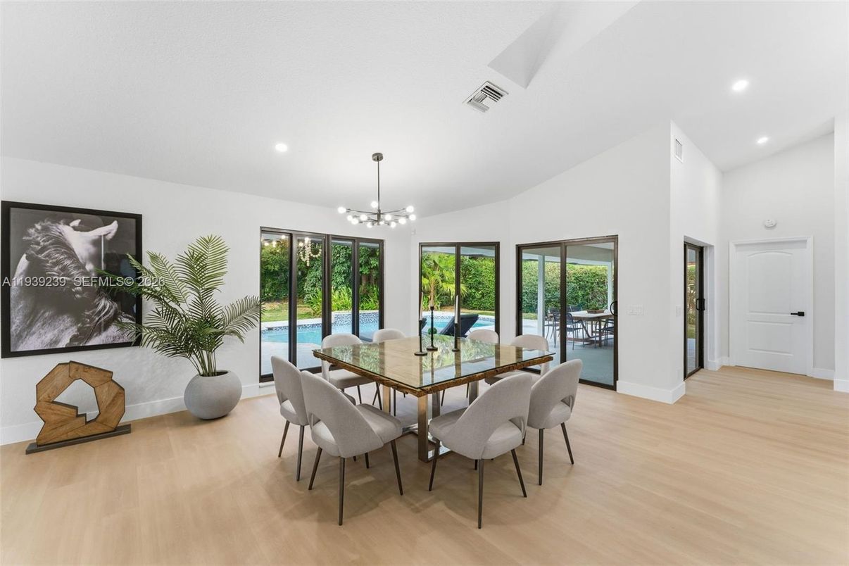 Dining room, Interior, Pendant Lights, Recessed Lighting, Wood Texture Flooring