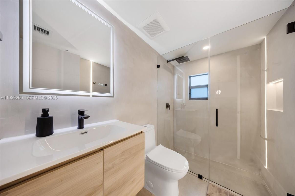 Bathroom, Glass Shower, Interior, Recessed Lighting
