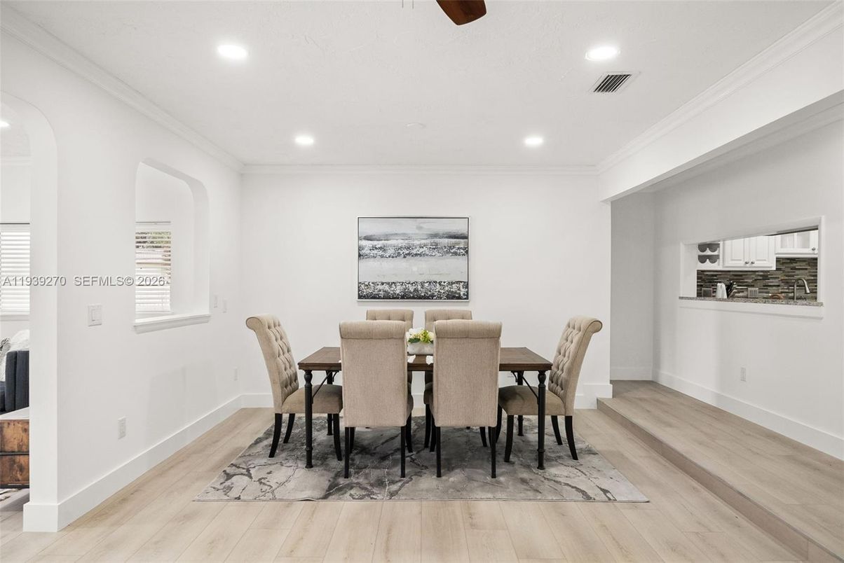 Dining room, Interior, Recessed Lighting, Wood Texture Flooring