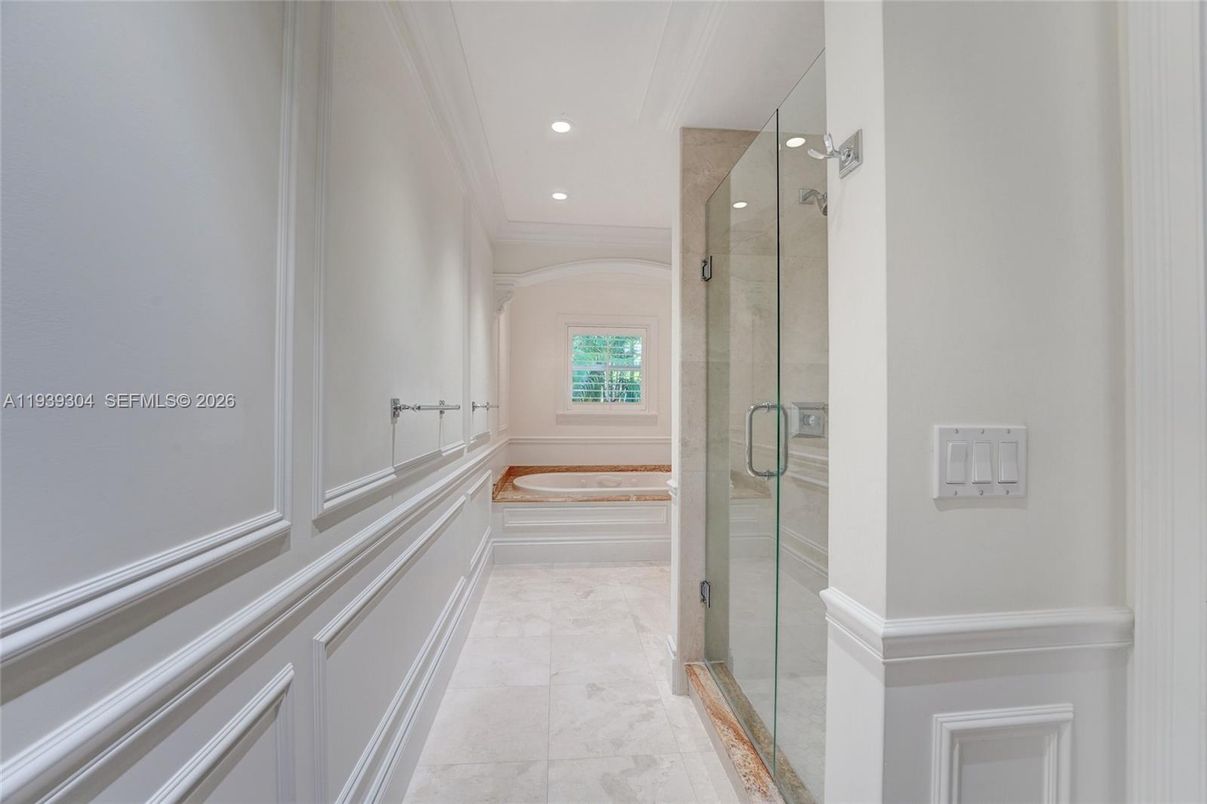 Bathroom, Glass Shower, Interior, Marble, Recessed Lighting