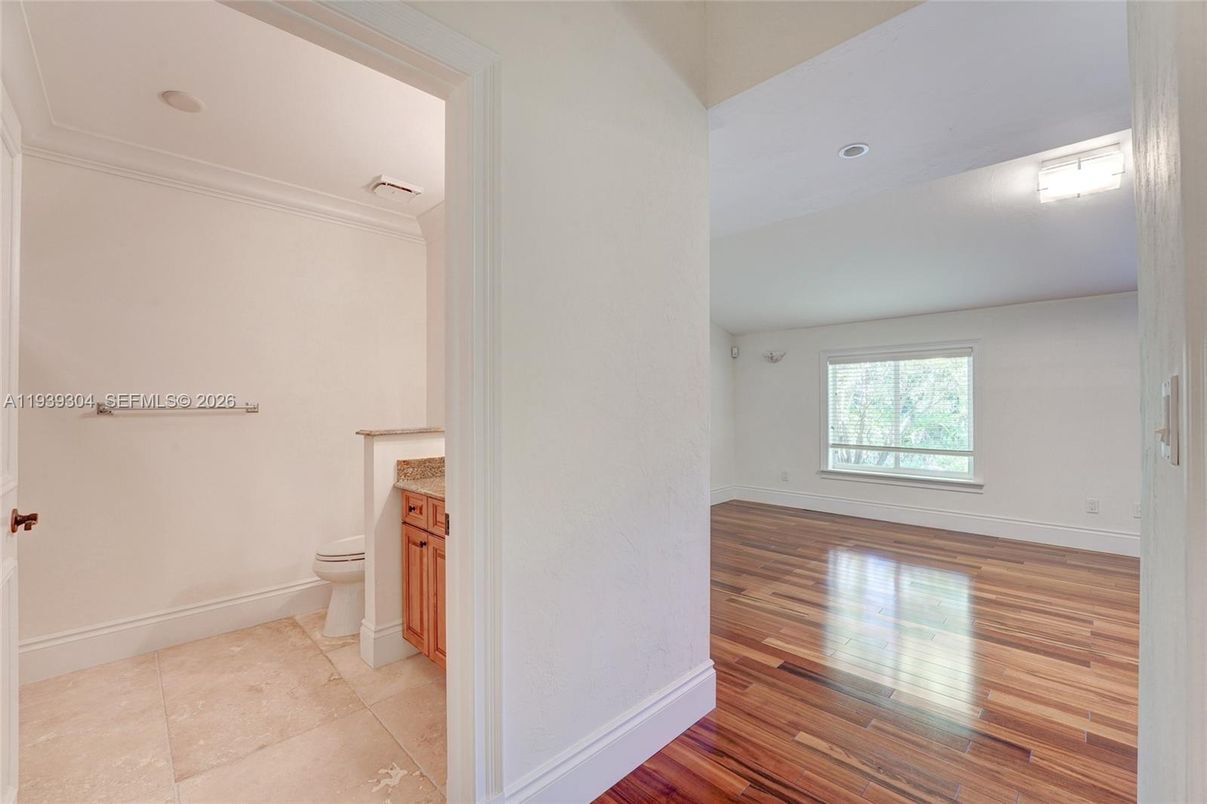 Bathroom, Empty room, Interior, Recessed Lighting, Wood Texture Flooring