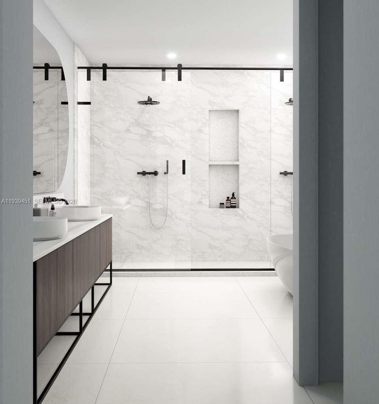 Bathroom, Interior, Marble Walls, Recessed Lighting