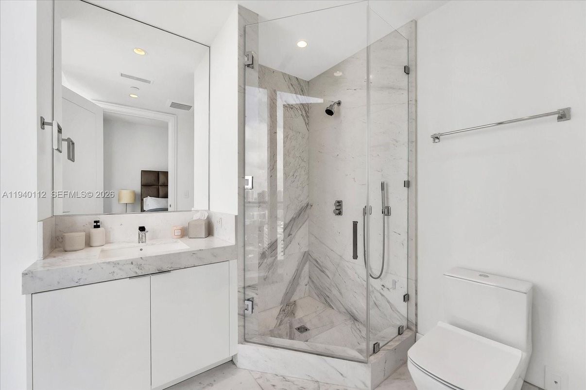 Bathroom, Glass Shower, Interior, Marble, Marble Walls, Recessed Lighting