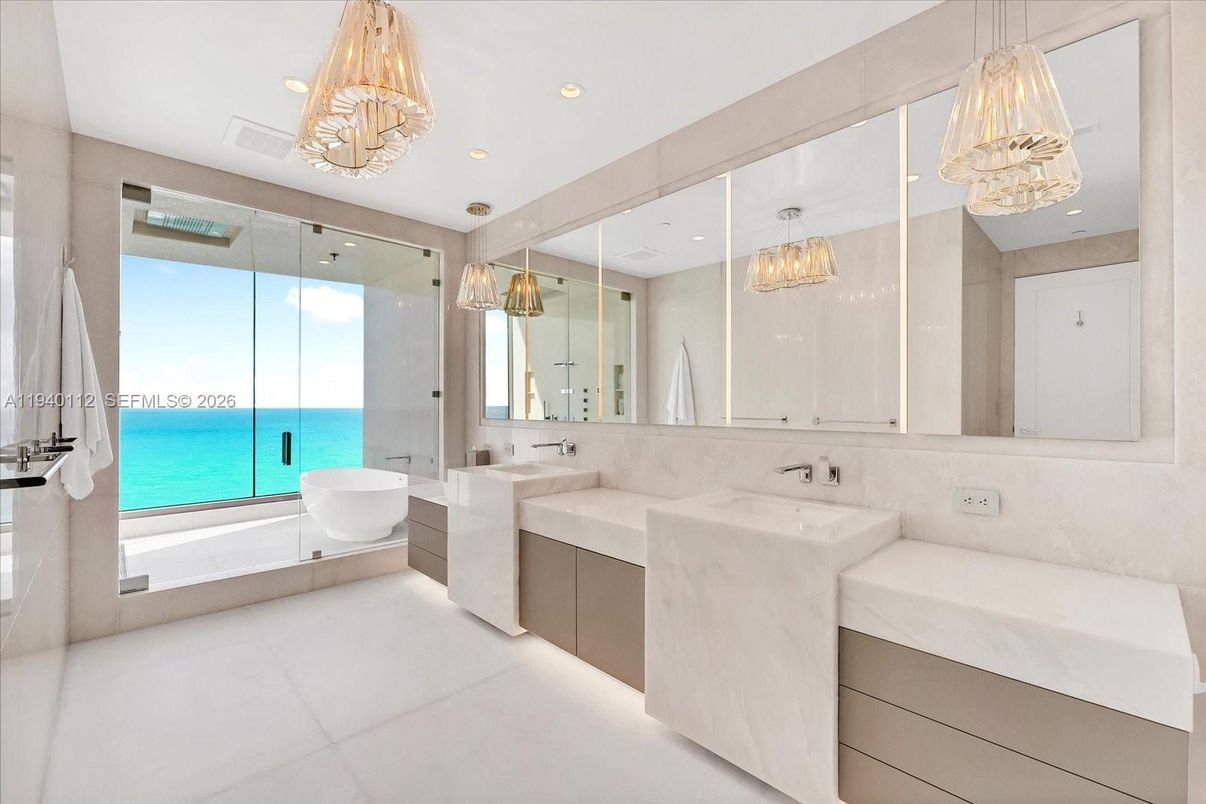 Bathroom, Chandelier, Dual Sink Vanities, Glass Shower, Interior, Recessed Lighting, Water