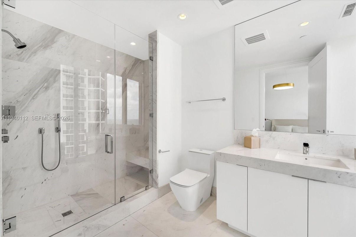 Bathroom, Glass Shower, Interior, Marble Walls, Recessed Lighting