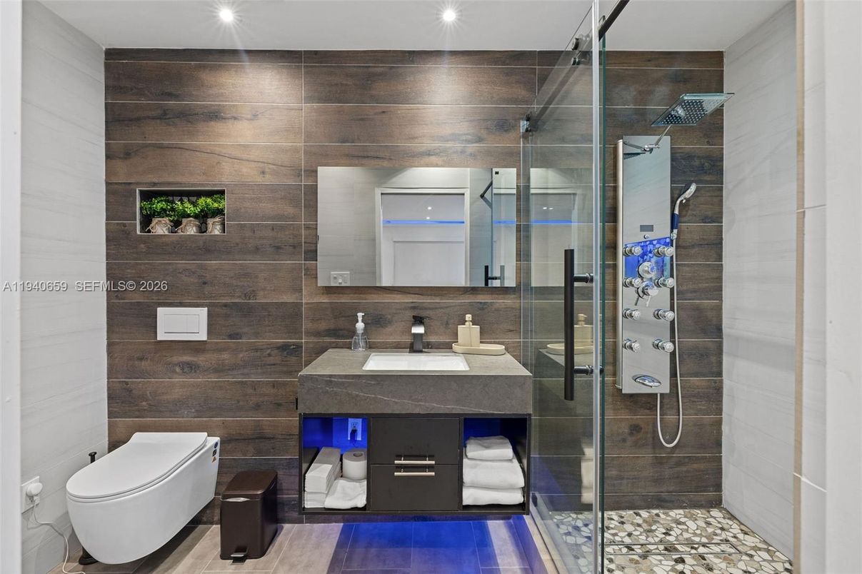 Bathroom, Glass Shower, Interior, Wooden Walls
