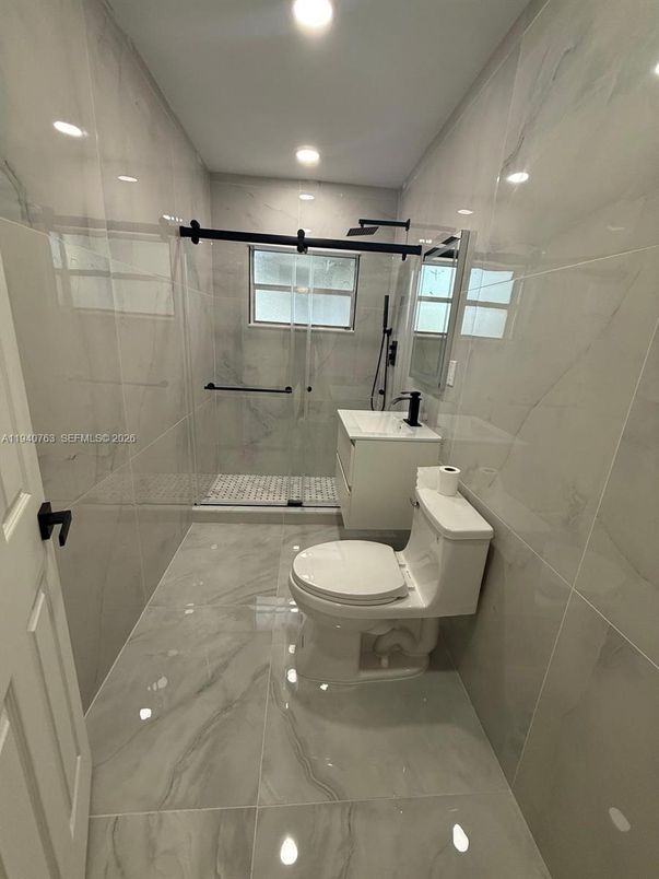 Bathroom, Glass Shower, Interior, Marble, Marble Walls, Recessed Lighting