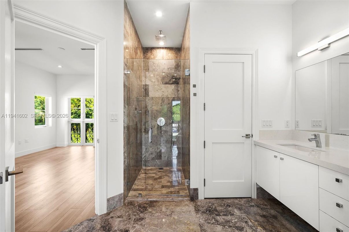 Bathroom, Glass Shower, Interior, Recessed Lighting, Wood Texture Flooring