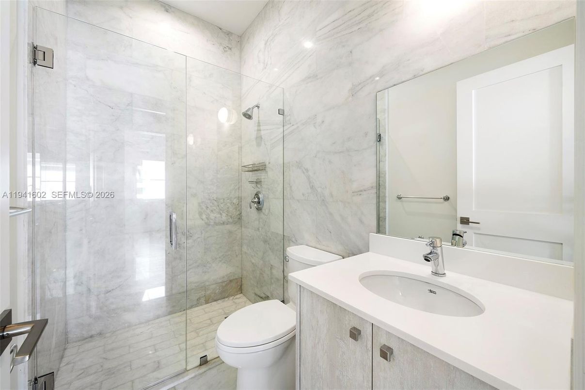 Bathroom, Glass Shower, Interior, Marble, Marble Walls, Recessed Lighting