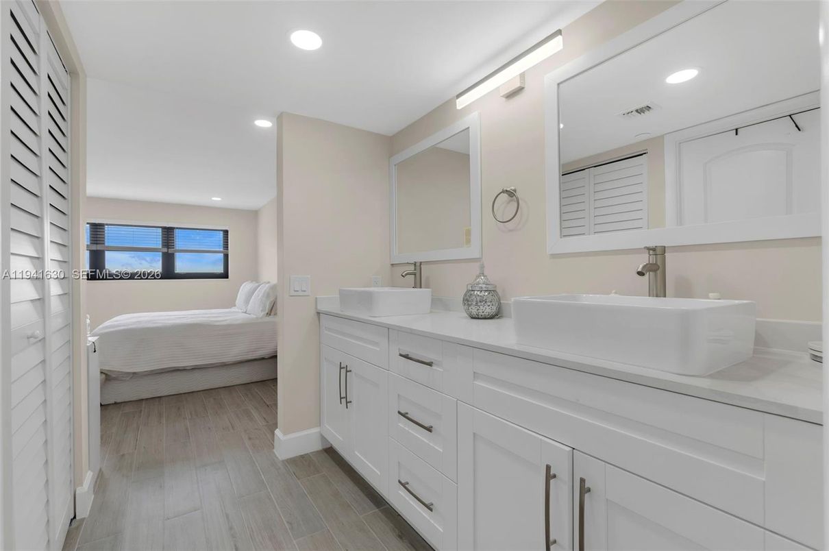 Bathroom, Bedroom, Dual Sink Vanities, Interior, Recessed Lighting, Wood Texture Flooring