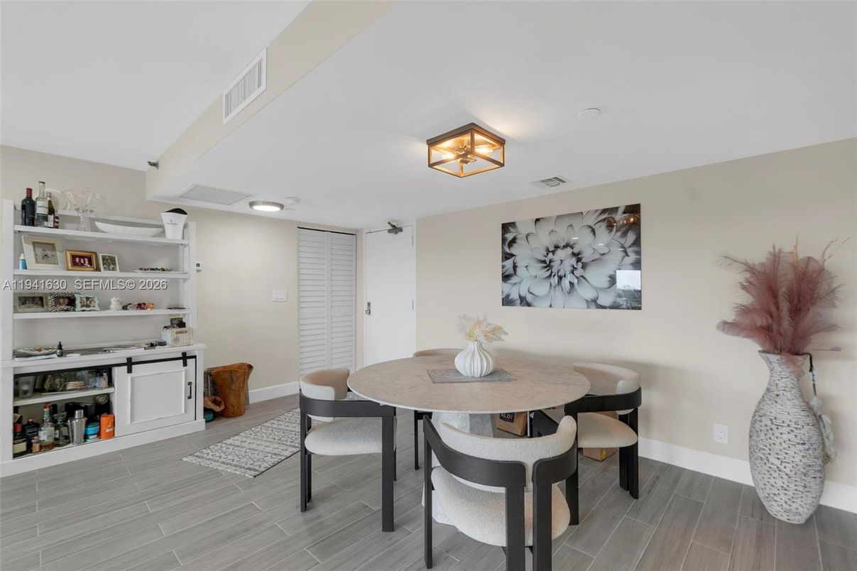 Dining room, Interior, Recessed Lighting, Wood Texture Flooring